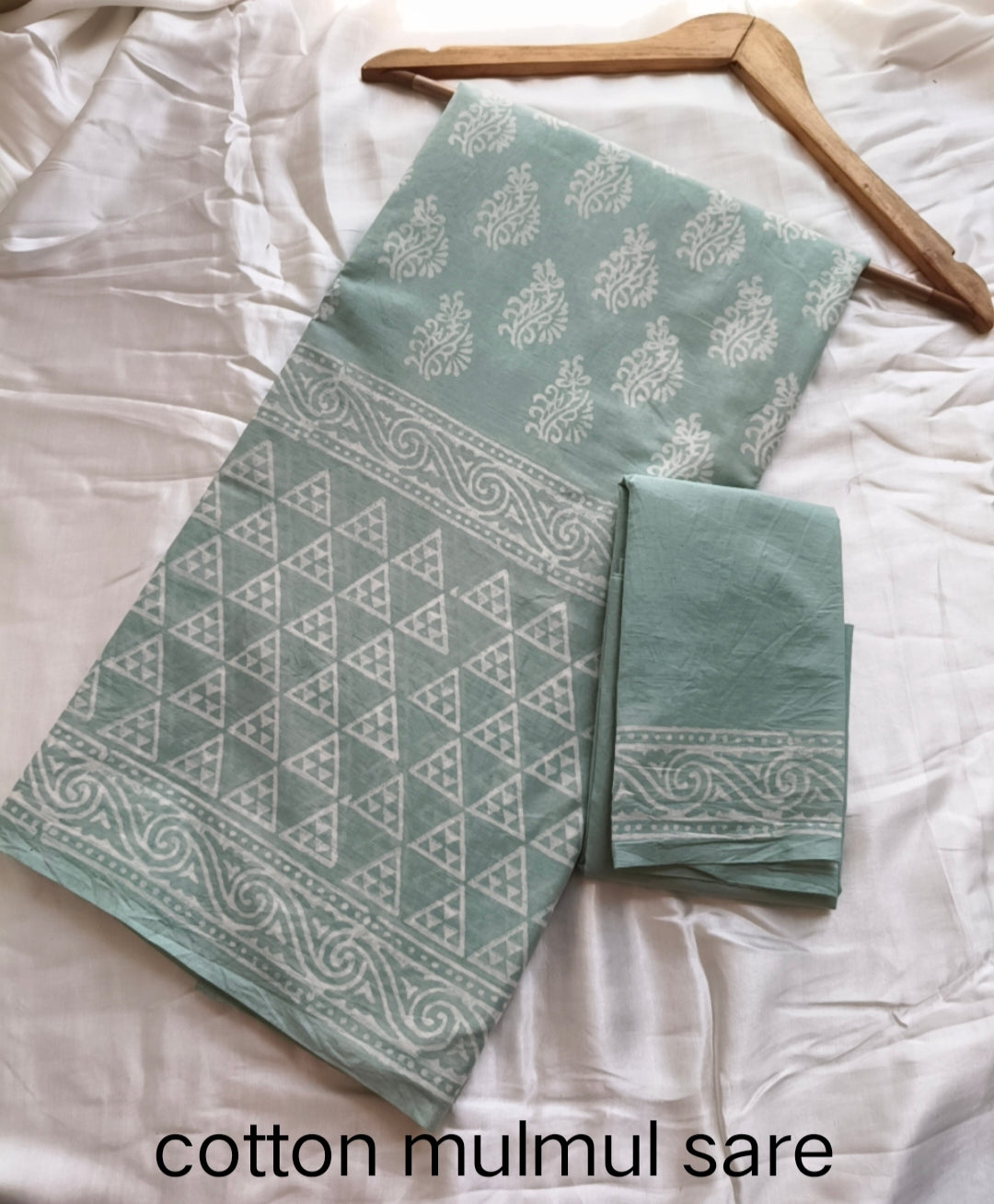 Cotton Mulmul Saree in sky blue – Pure cotton handblock printed saree wholesale by Fabtexs